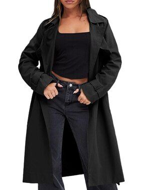 Women's Black Notch Collar Long Sleeve Pocketed Double Breasted Trench Jackets